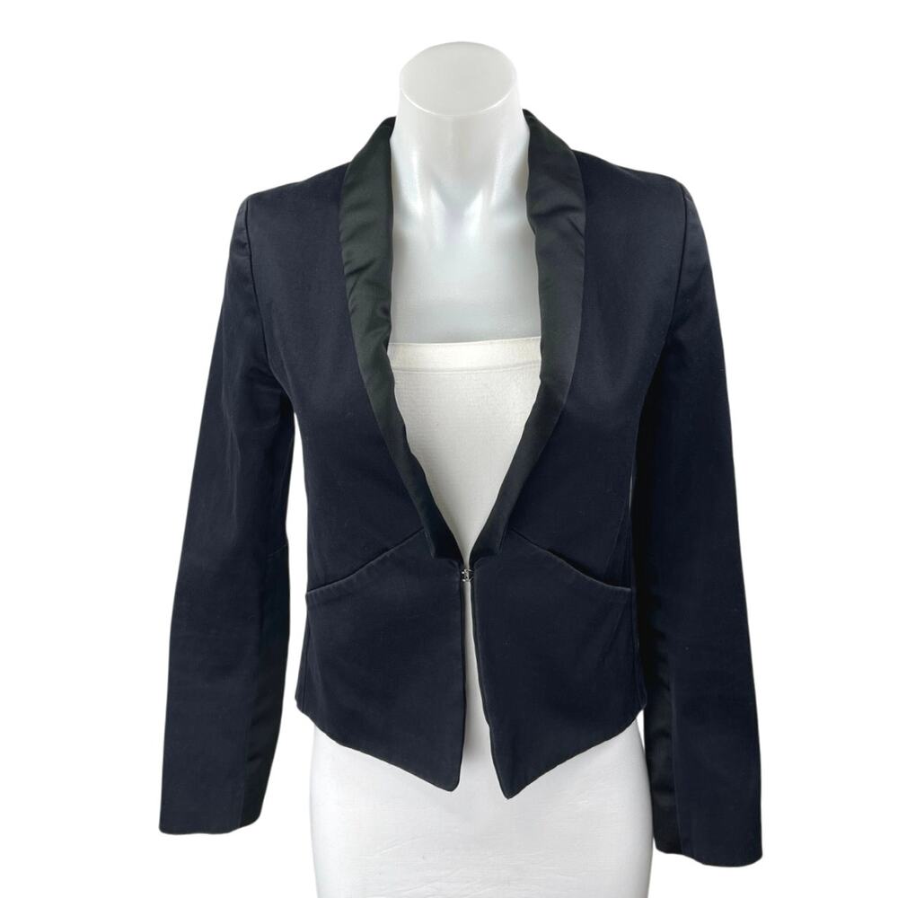 Surface To Air Black Satin Collar Long Sleeve Pockets Blazer Coat Jacket Size 4